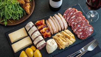 Elegant Charcuterie Wine Cheese and Cured Meats Arranged Artfully on Slate photo