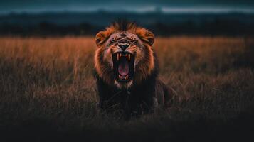 Roaring Majesty Intense Lion Portrait in Golden Grass, Raw Power Displayed photo