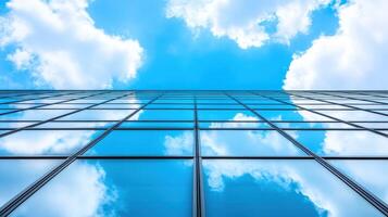 Skyward Reflection Clouds and Azure Mirrored on a Modern Building Facade Perspective View photo