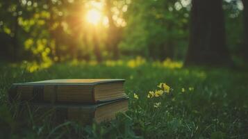 Books in the Sunlight A Quiet Moment of Reading and Nature in a Peaceful Green Meadow photo
