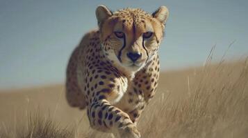 Cheetah on the Hunt A Powerful Predator in Motion across the plains eyes focused and spots visible photo