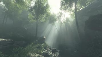 SunDappled Serenity Light Rays and Mist in a Verdant Forest Landscape characters photo