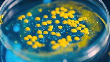 Cultured Microbes A Petri Dish View of Yellow Colonies Growing in Blue Medium photo