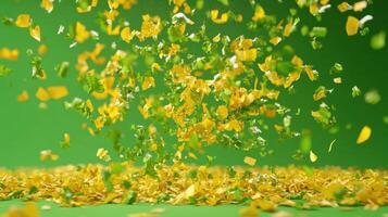 Culinary Splash Yellow and Green Ingredients Exploding in MidAir against a Green Backdrop photo