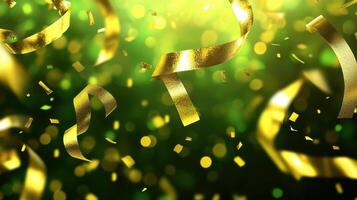 Golden Celebration Confetti and Ribbon Abundance in Festive Green Bokeh photo