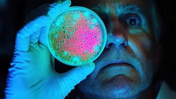 Microbial Marvel Scientist Observes a Petri Dish Under Fluorescent Light Advancing Scientific Understanding photo