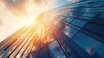 Skyward Gaze Modern Glass Building Reflecting Golden Sunset and Clouds Aspirational Corporate View photo