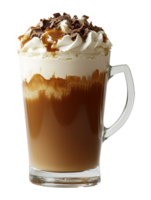 Coffee beverage with whipped cream, caramel, and chocolate shavings on transparent image png