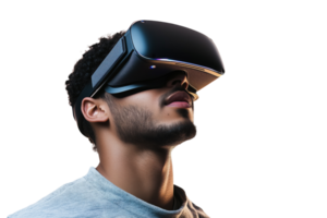 Side view of man with virtual reality headset and happy expression in white T-shirt Isolated on transparent Background png
