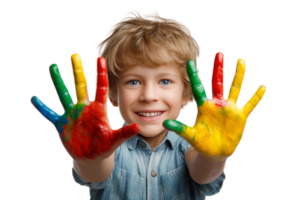Joyful child holding up painted hands with primary colors in a playful expression Isolated on transparent Background png