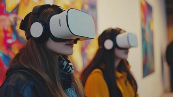 Virtual Immersion Women Exploring Art with VR Headsets in Gallery Setting photo