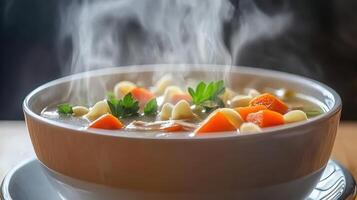 Steaming Bowl of Chicken Noodle Soup Comfort Food Classic Nutritious Delicious and Ready to Eat photo