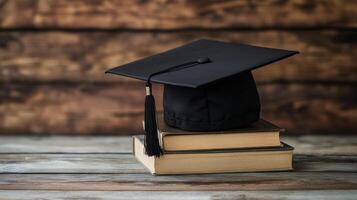 Graduation Cap atop Books on Rustic Wood A Symbol of Achievement and Educations Foundation photo