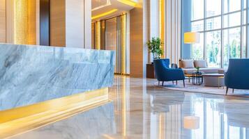 Elegant Marble Lobby A Study in Light Texture and Design with blue chairs and large windows photo