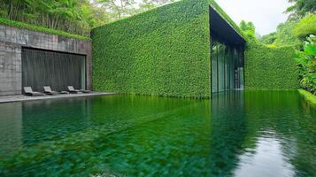 Lush Retreat Serene Pool Reflecting Verdant Architecture and Flowing Waterfall photo