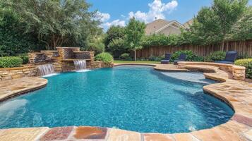 Luxury Backyard Oasis Swimming Pool with Stone Waterfall and Lounging Area under the Sun photo