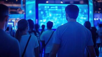 Tech Crowd People Watch Blue Screens at an Exhibition photo