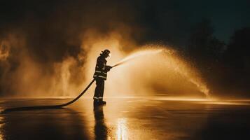 Firefighter silhouetted against smoke battling flames with powerful hose at night photo