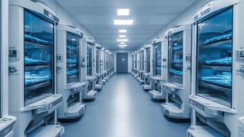 Sterile Corridor Rows of Incubators in a Cleanroom Science and Research Setting photo
