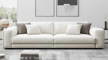 Serene Living Modern Ivory Sofa with Natural Accents and Artistic Prints photo