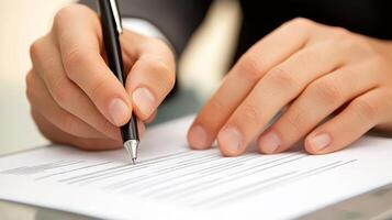 Signing a Document Hands with Pen Writing on Paper in an Office Setting Closeup View photo