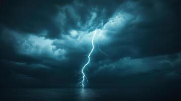 Dramatic Lightning Strike A Bolt from the Blue Illuminates the Ocean in Stormy Weather Eerie, Powerful and Mesmerizing photo