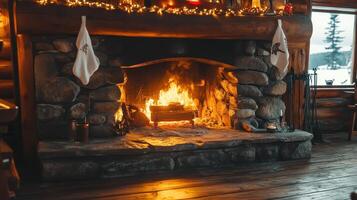 Cozy Cabin A Stone Fireplace Aglow with Warmth Decorated for the Holidays with Stockings and Sparkling Lights photo