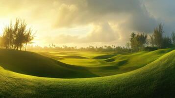 Sunrise on the Golf Course Lush Greens Rolling Hills and a Golden Sky Beckon at Dawn photo