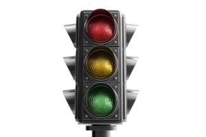 Urban traffic signal with all lights active and metallic surface in realistic modern design Isolated on transparent Background png