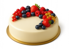 A round white cake topped with an assortment of fresh berries including raspberries, blueberries, and red currants. The cake is presented on a gold base. png