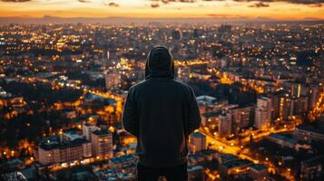 City Lights and Solitude Contemplation at Twilight Looking Over a Bokeh Cityscape photo