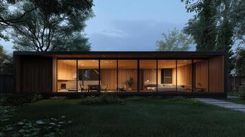 Modern Home at Dusk Warm Interior Glows Through Expansive Windows into Lush Green Garden photo
