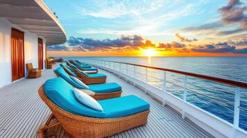Luxury Cruise Deck at Sunset Relaxation and Ocean Views Await on Deck Loungers photo