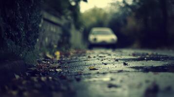 Autumn Road Reflections A Muted Landscape of Fallen Leaves and a Distant Car photo