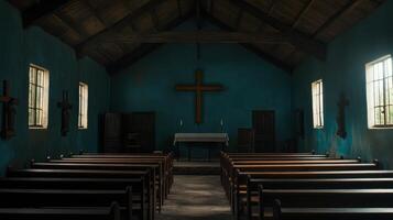 Serene Sanctuary Empty Church Interior with Rustic Charm and Simple Elegance photo