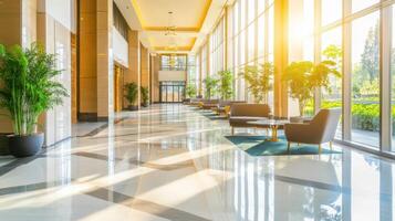 Elegant Lobby Sunlight Seating and Lush Greenery in Luxurious Interior Design photo