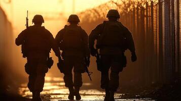 Twilight Patrol Soldiers on Watch Along the Fence, A Silhouette of Duty and Security in Hazy Light photo