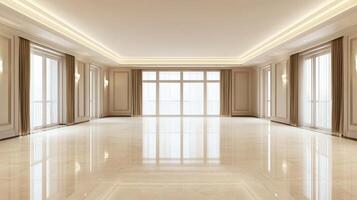 Opulent Empty Room LightFilled Elegance with Marble Floor and Window Views photo