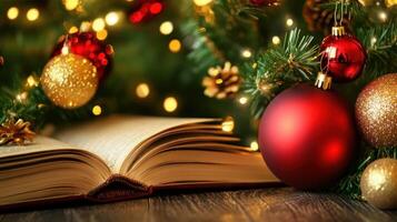 Christmas Reading A Festive Book Scene with Ornaments and Sparkling Lights photo