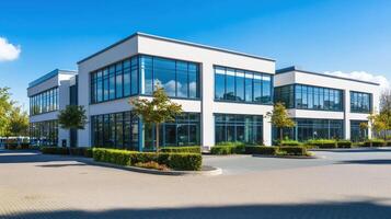 Modern Office Building on a Sunny Day with Landscaping and Paved Forecourt Area photo