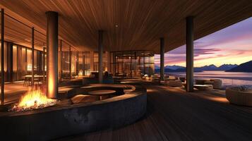 Modern Luxury Lounge with Fire Pit and Ocean Views at Sunset Relaxation and Ambiance photo