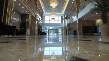 Opulent Lobby Polished Marble and Chandelier Reflections photo