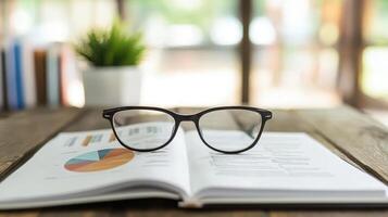 Eyeing Data Glasses on Report with Chart and Bookcase for Studying photo