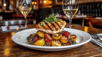 Grilled Delight Chicken Roasted Vegetables and White Wine Indulgence photo