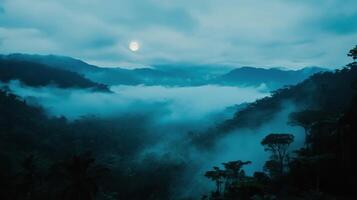 Lunar Serenity Misty Mountains Under Moonlight Tranquil Evening in an Overcast Forest Lush Green Landscape photo