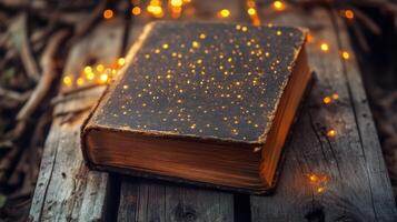Antique Book on Rustic Wood with Fairy Lights Evoking Magic and Mystery characters photo