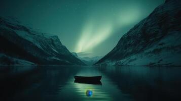 Aurora Serenity A Boat on Calm Waters Reflects the Northern Lights Beneath a Starry Sky photo