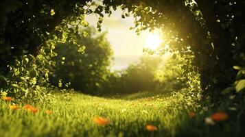 Sunlit Meadow Path A Journey Through Natures Embrace to a Bright Horizon photo
