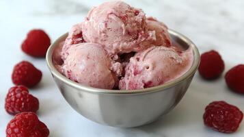 Raspberry Bliss A Bowlful of Homemade Ice Cream Delight and Fresh Berry Perfection photo