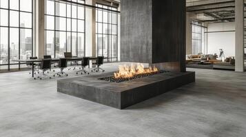 Modern Industrial Workspace Fireplace Conference Table and Relaxation Area with City View photo